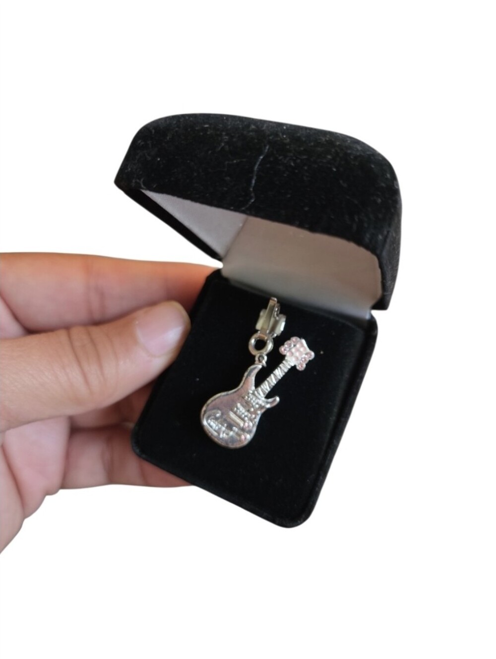 Vintage Dillards Tarnished Silver Toned Pink Rhinestones Guitar Charm Pendant